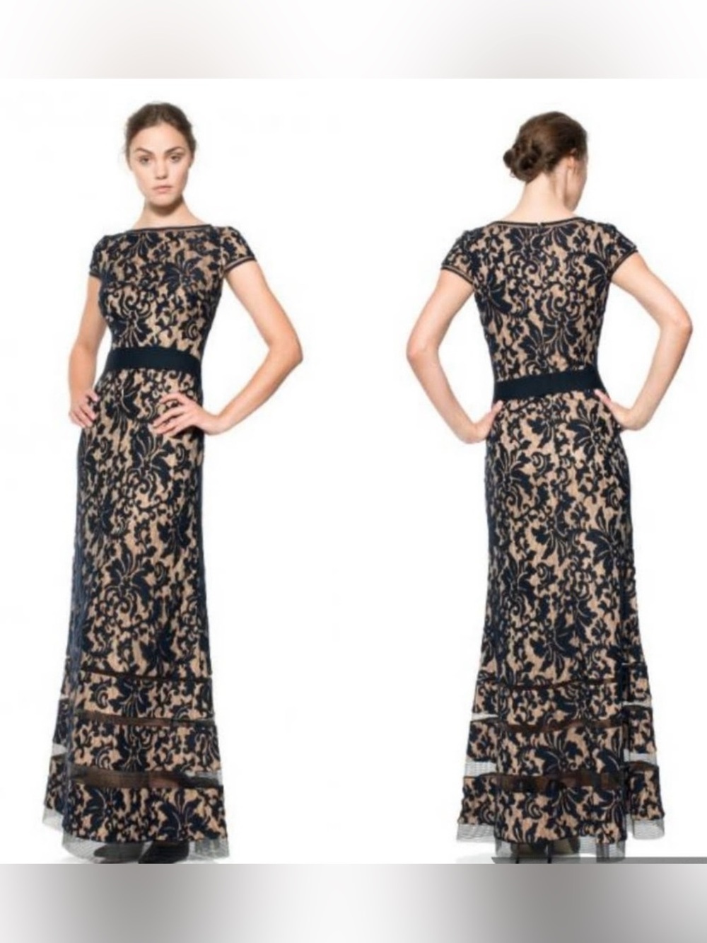Tadashi Shoji Deep Navy and Nude Lace Maxi Dress, size 4